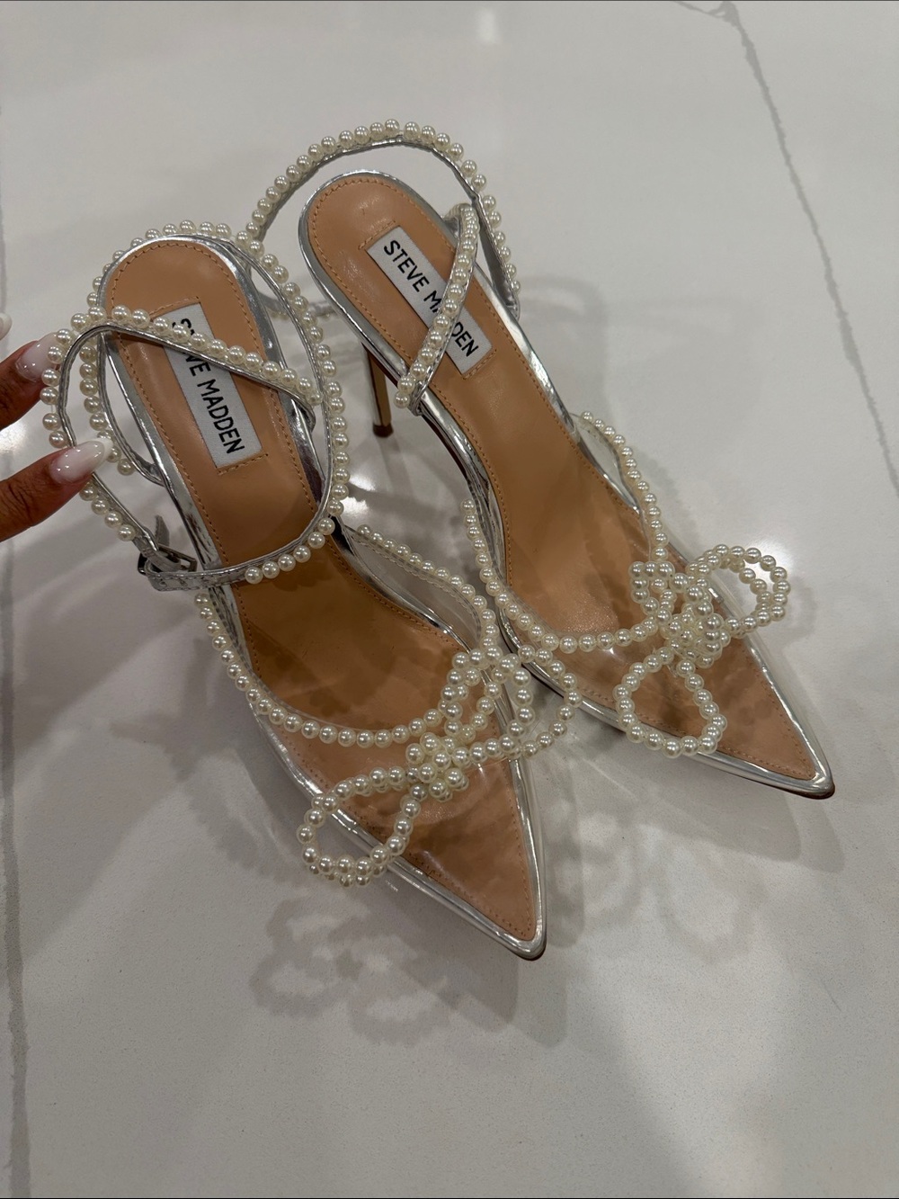 Steve Madden Silver Pearl-Strap Pointed Slingback Heels
